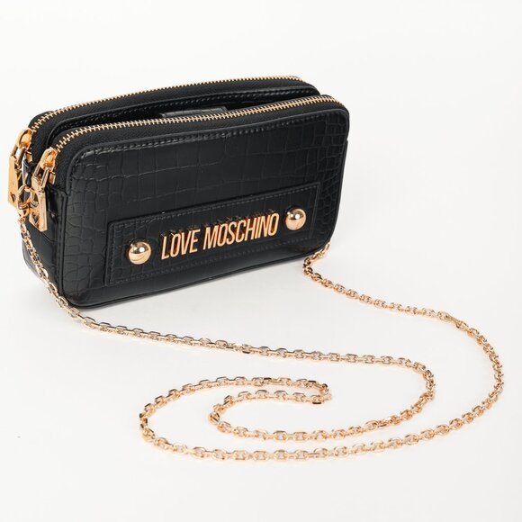 Love Moschino Nero PU Croco Logo-Plaque Zip Around Crossbody Bag - Picture 6 of 13